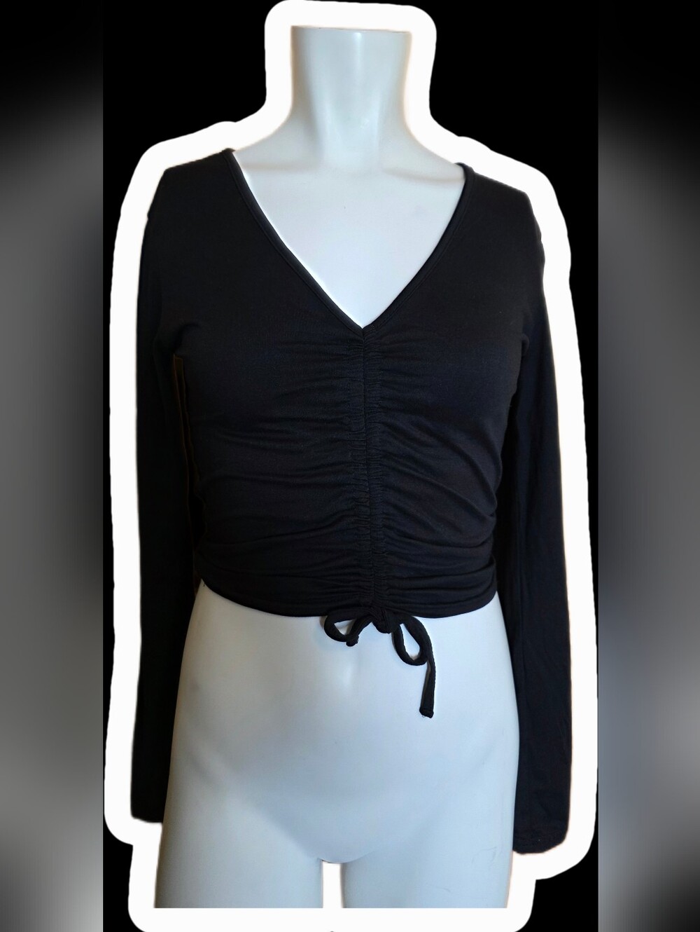Revamped Black V-Neck Ruched Drawstring Long Sleeve Crop Top